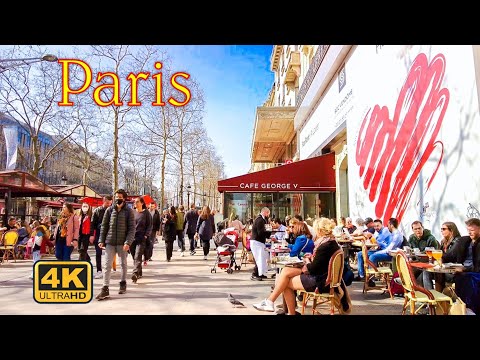 Paris France, Walking around Champs Élysées, Spring 2022 [4K UHD]